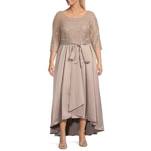 NWOT Alex Evening Dress Tie Belted Sequin Lace & Satin Women's Champagne Size 18